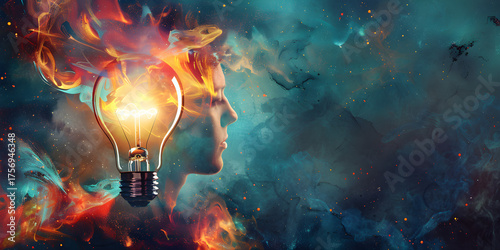 Creative idea concept - profile of a man with a glowing light bulb in his head, abstract thinking, inspiration and innovation.  Brain glowing with ideas - artistic depiction of creative thinking