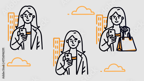 Charming businesswoman using phone in city, enjoying shopping with modern tote bag, professional style