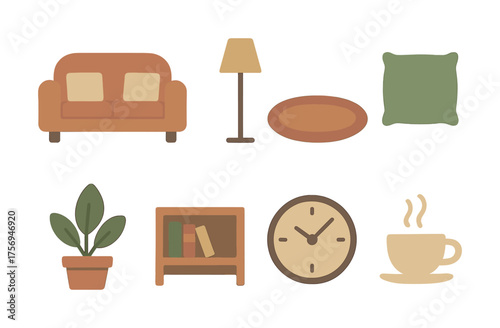 Vector Cozy living room elements with sofa, lamp, cushion, plant, bookshelf, clock, and coffee cup