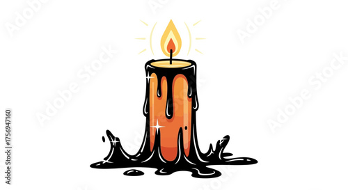 A dripping candle with a bright flame burning.