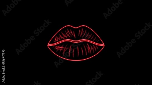 Vibrant Red Neon Glowing Lips Opening and Closing on a Black Background, a Captivating Animated Design