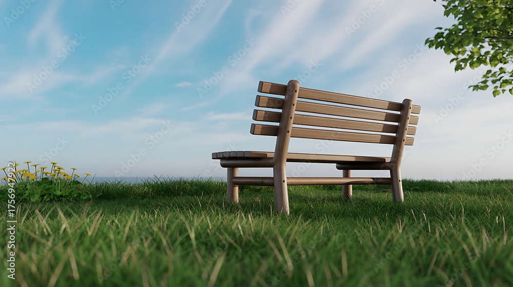 Fototapeta premium Empty wooden park bench in lush green grass under a cloudy sky