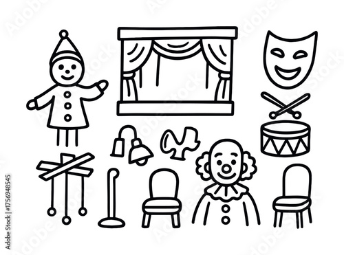 Vector Circus and theater elements: clown, puppet, mask, drum, and stage outline art