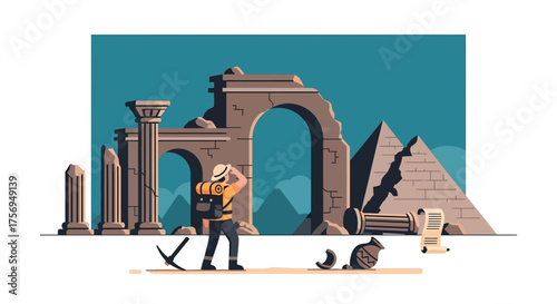 Archaeologist Discovering Ancient Egyptian Ruins and Pyramids.