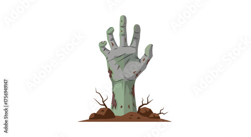 Creepy green zombie hand rising from the grave illustration.
