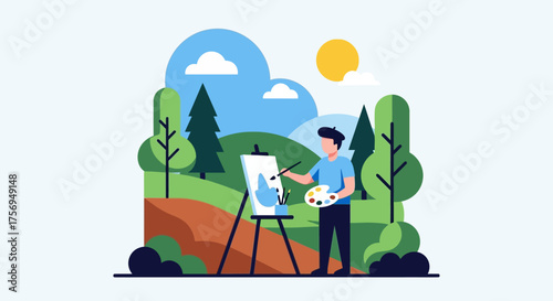 Artist painting landscape outdoors, creating art, enjoying nature, sunny day.