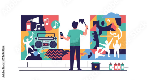 Artist painting a vibrant mural with diverse cultural and musical elements.