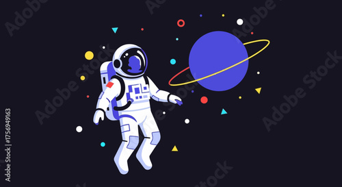 Astronaut floating in deep space near a ringed planet.