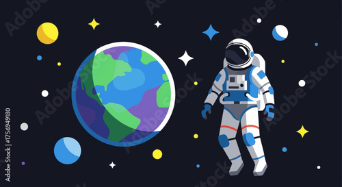 Astronaut in Space with Earth and Celestial Bodies.