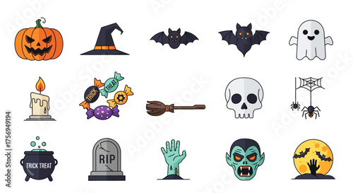 Collection of spooky Halloween icons and symbols for holiday design.