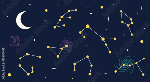 Astrological constellations shining brightly in the vast dark night sky with a crescent moon.