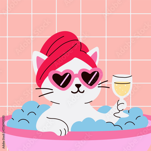 Cute Cat Enjoying Luxury Bath with Champagne Glass