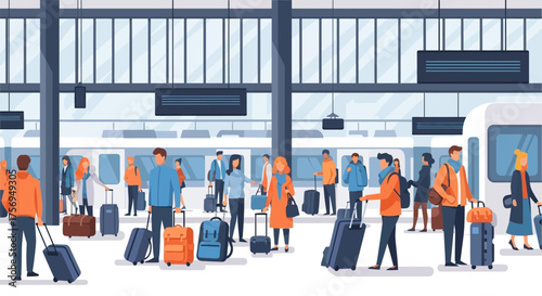 Busy Train Station Scene with Travelers and Luggage.