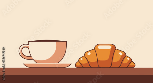Coffee cup and croissant on a wooden table, breakfast time.