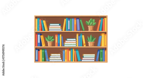 Colorful Bookshelf Illustration with Plants and Books.