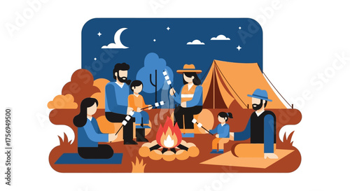 Family and friends gathered around a campfire at night.