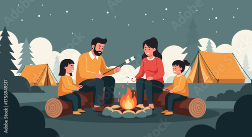 Family camping around a campfire under the starry night sky.
