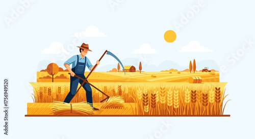 Farmer Harvesting Wheat Field with Scythe Under Sunny Sky.