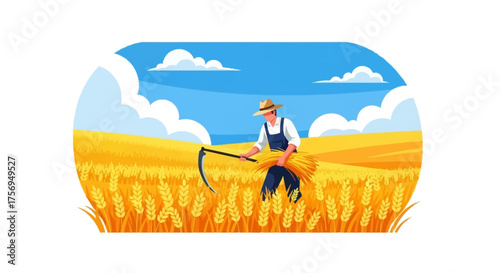 Farmer harvesting wheat in a golden field under a blue sky.