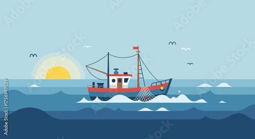 Fishing boat sailing on the sea at sunrise.