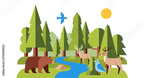Forest ecosystem with diverse wildlife and flowing river.