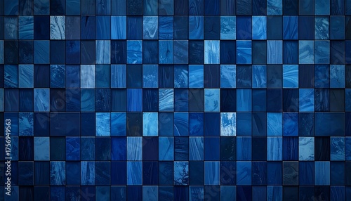 Textured surface of blue-toned square tiles creates a mosaic design