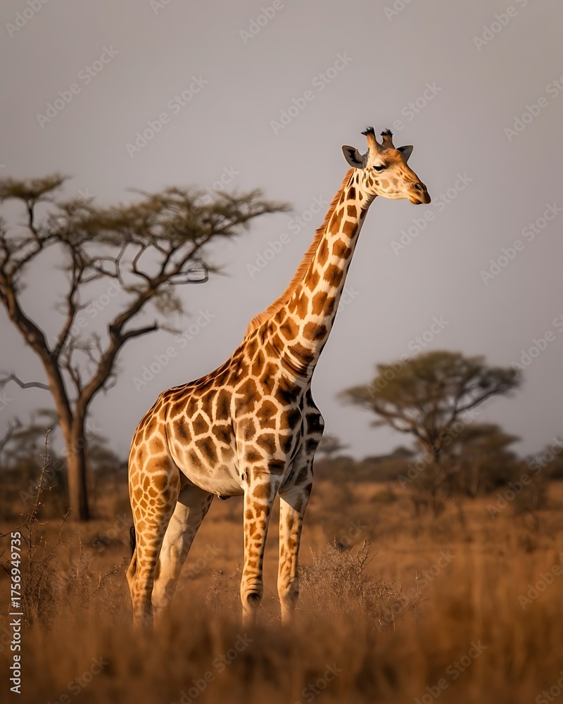 Obraz premium Majestic giraffe stands tall in african savannah landscape with acacia trees