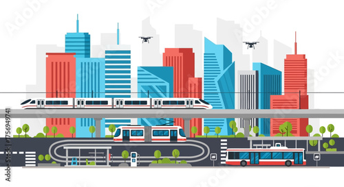 Modern Cityscape with Advanced Public Transportation Systems.