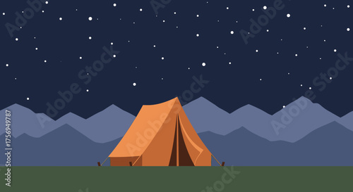 Orange Tent Under Starry Night Sky with Mountains.