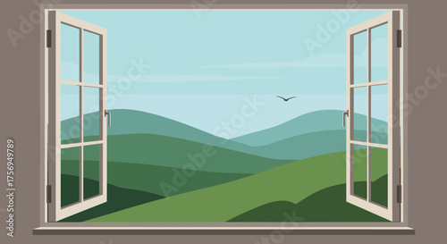 Open window overlooking green hills and blue sky scenery.