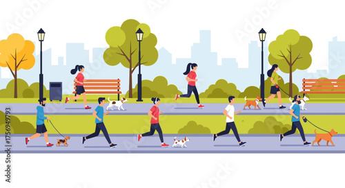 People and dogs enjoying a sunny day in a park with trees and benches.