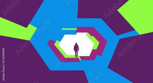Silhouette of a person walking through a colorful abstract hexagonal tunnel.