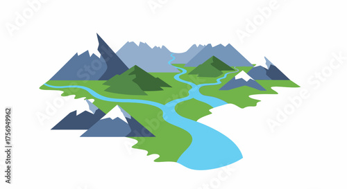 Stylized Mountain Landscape with River Valley Illustration.