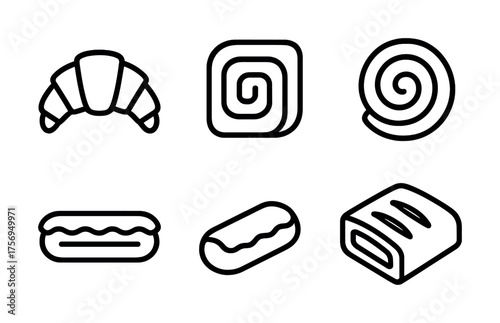 Vector Outline icons of pastries and baked goods: croissant, roll, eclair