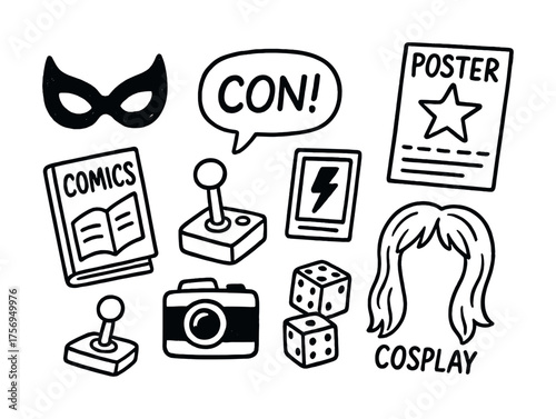 Vector Comic convention icons with comic book, cosplay, dice, masks, and controller