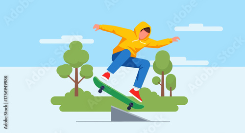 Teenager in a yellow hoodie doing a skateboard jump in a park.