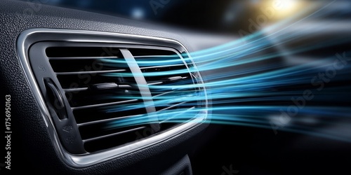 Close Up of a Modern Car Air Conditioning System Projecting Cool Blue Air Streams in Soft Light