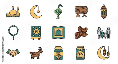 Islamic Eid alFitr and Eid alAdha celebration icons collection.