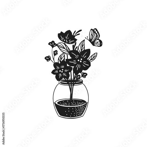 Bouquet of Flowers silhouette on white background. Set of Vector Illustration.