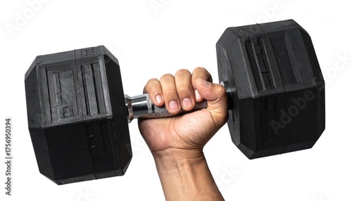 Hand holding a heavy black dumbbell, representing fitness and strength training. Isolated on white background