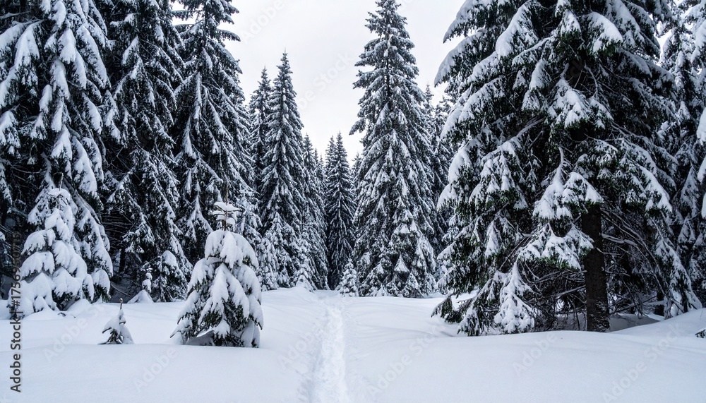 Fototapeta premium Evergreen conifer forest covered with snow showing natural seasonal beauty