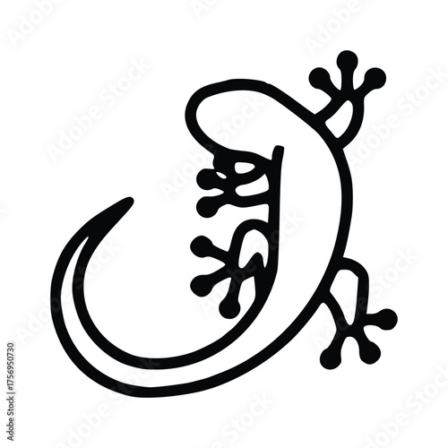 A black outlined drawing of a salamander with curved body four legs and feet with multiple digits. line icon editable stroke