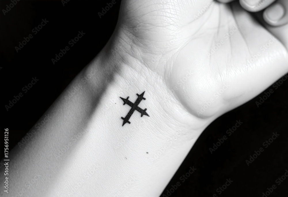 Obraz premium A delicate, minimalist black ink cross tattoo on the inner wrist