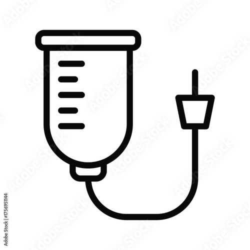 A line drawing of an IV drip bag with a tube connected to a plug. line icon editable stroke