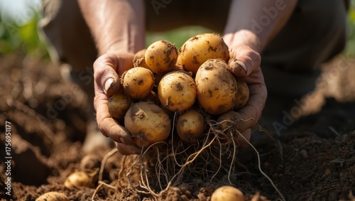 Close up of farmer holding fresh potatoes in hands in field, showing the harvest and the connection to the land and nature