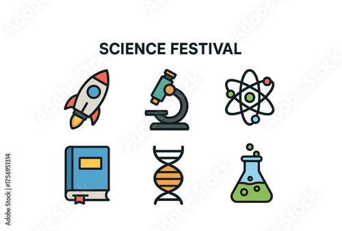 Vector Science festival icons: rocket, microscope, atom, book, dna, beaker