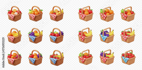 Isometric illustration of fruit baskets with apples, oranges, grapes, and bananas on a checkered cloth.