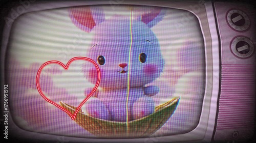 Cute Cartoon Rabbit on Vintage Television Screen with Glowing Heart and Cupid's Arrow