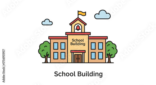 School Building Illustration with Bell Tower and Flag.