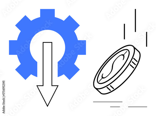 Gear with downward arrow and falling coin visualizing cost-saving strategies, resource optimization, and economic impact. Ideal for concepts thumbs up efficiency, financial planning, investment